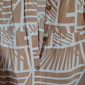 Geometric Tan and White Button-Up Blouse